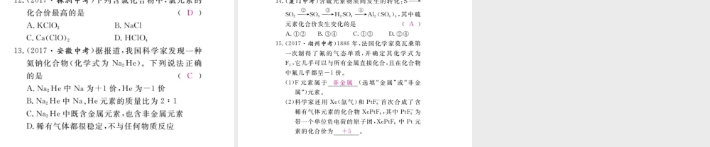 （安徽专版）九年级化学下册 寒假复习十五 化学式、化合价练习课件 （新版）新人教版-（新版）新人教版初中九年级下册化学课件
