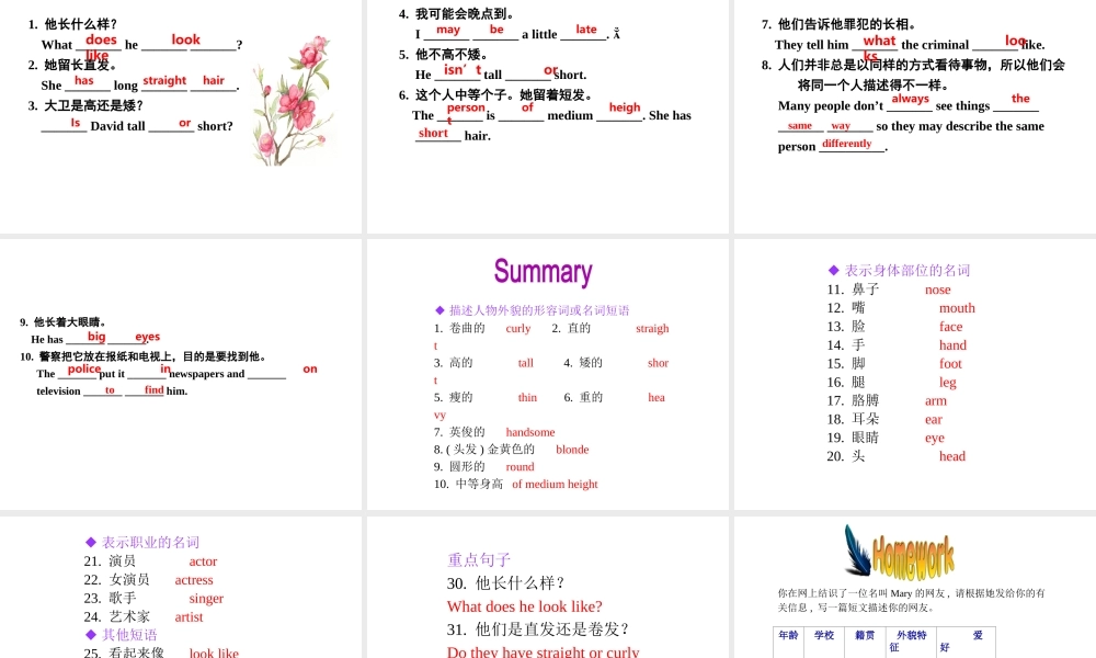 （安徽专版）春七年级英语下册 Unit 9 What does he look like Section B（第3课时）教学课件 （新版）人教新目标版-（新版）人教新目标版初中七年级下册英语课件