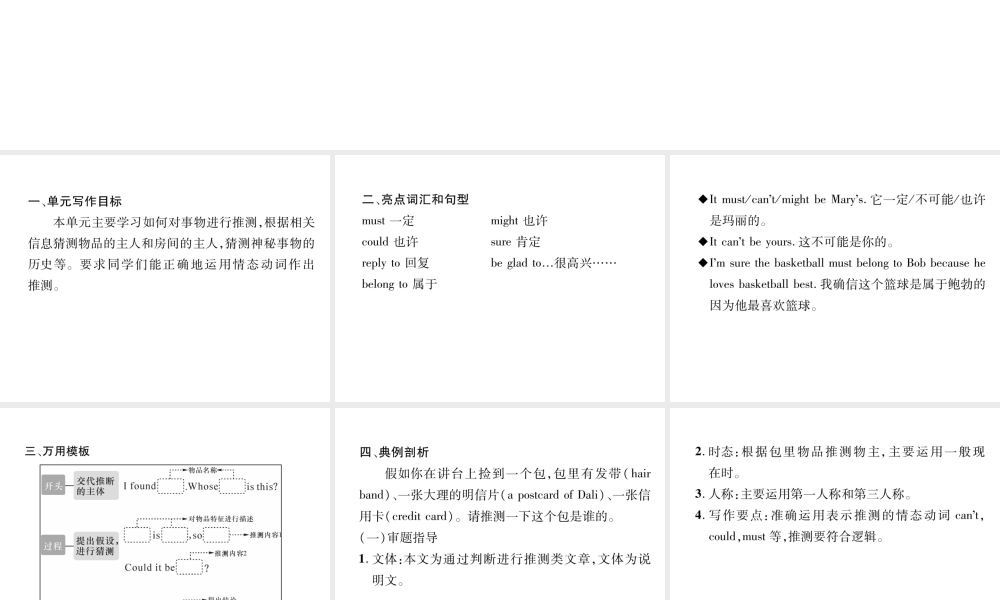 （安徽专版）秋九年级英语全册 Unit 8 It must belong to Carla同步作文指导习题课件 （新版）人教新目标版-（新版）人教新目标版初中九年级全册英语课件