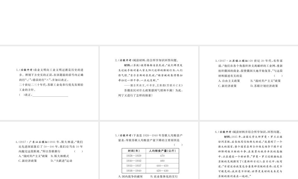 （安徽专版）九年级历史下册 第一单元 苏联社会主义的探索小结同步测试课件 新人教版-新人教版初中九年级下册历史课件