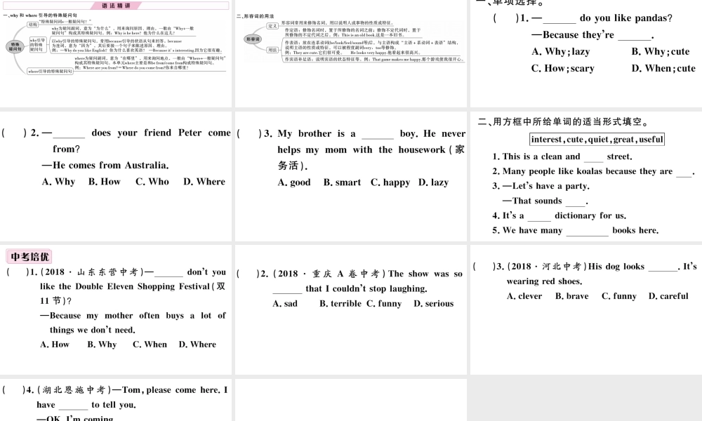 （安徽专版）秋七年级英语下册 Unit 5 Why do you like pandas单元语法专项习题课件（新版）人教新目标版-（新版）人教新目标版初中七年级下册英语课件