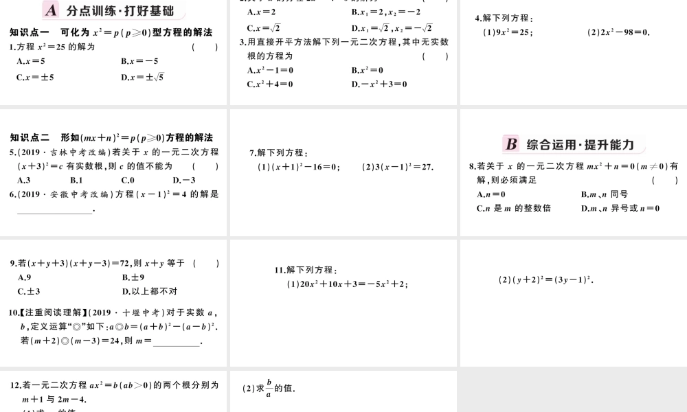 （安徽专版）九年级数学上册 第21章 一元二次方程 21.2 解一元二次方程 1配方法第1课时 直接开平方法课件 （新版）新人教版-（新版）新人教版初中九年级上册数学课件