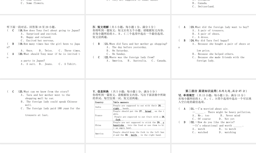 （安徽专版）秋九年级英语全册 Unit 10 You're supposed to shake hands达标测试卷习题课件 （新版）人教新目标版-（新版）人教新目标版初中九年级全册英语课件