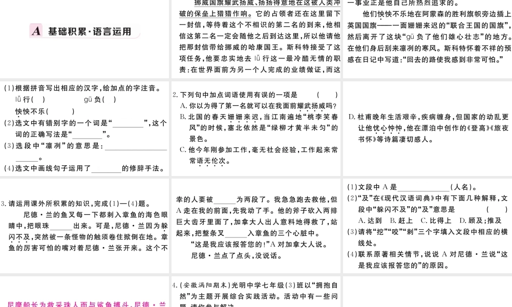 （安徽专版）春七年级语文下册 第六单元 21伟大的悲剧习题课件 新人教版-新人教版初中七年级下册语文课件