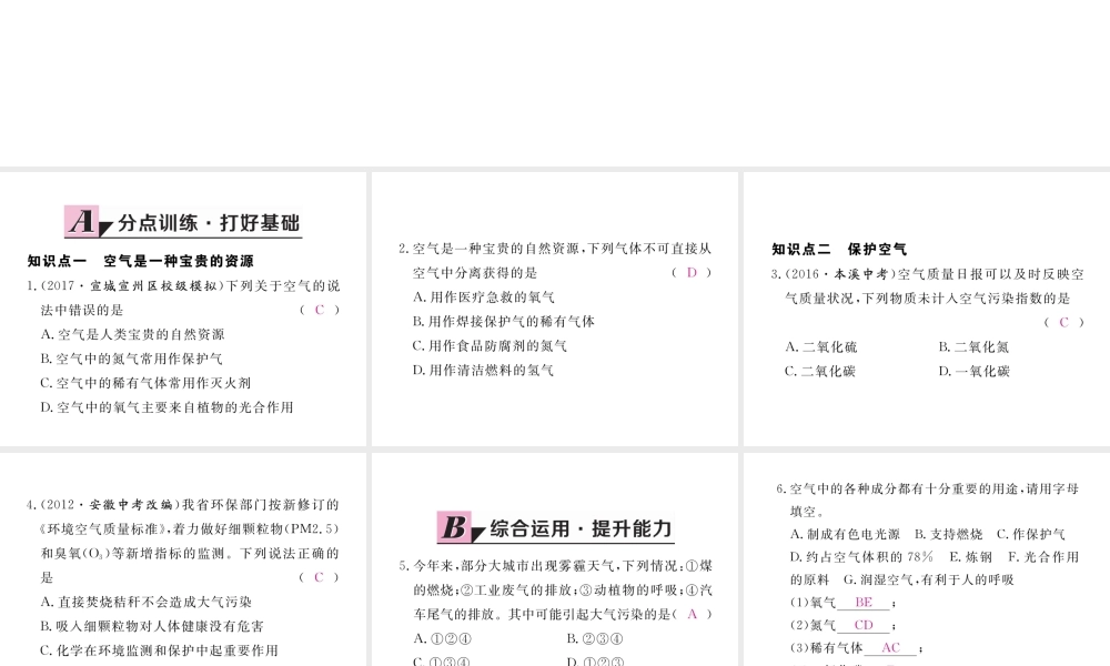（安徽专用）秋九年级化学上册 2 我们周围的空气 2.1 第2课时 空气是一种宝贵的资源 保护空气练习课件 （新版）新人教版-（新版）新人教版初中九年级上册化学课件