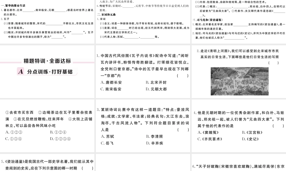 （安徽级历史下册 第二单元 辽宋夏金元时期：民族关系发展和社会变化 第12课 宋元时期的都市和文化习题课件 新人教版-新人教级下册历史课件