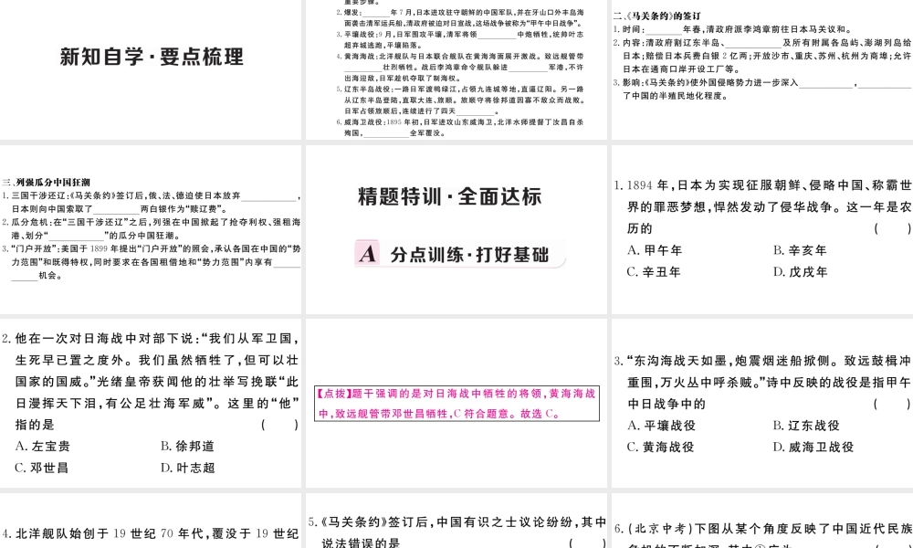 （安徽专版）秋八年级历史上册 第二单元 近代化的早期探索与民族危机的加剧 5 甲午中日战争与列强瓜分中国狂潮习题课件 新人教版-新人教版初中八年级上册历史课件