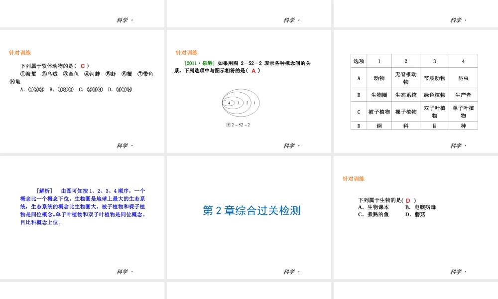 （小复习）2013-2014中考科学 七上 第2章 观察生物（章内阶段过关+综合过关检测针对训练+阶段综合测试一针对训练）课件 浙教版