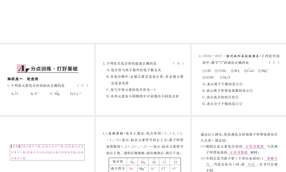 （安徽专用）秋九年级化学上册 4 自然界的水 4.4 第2课时 化合价练习课件 （新版）新人教版-（新版）新人教版初中九年级上册化学课件
