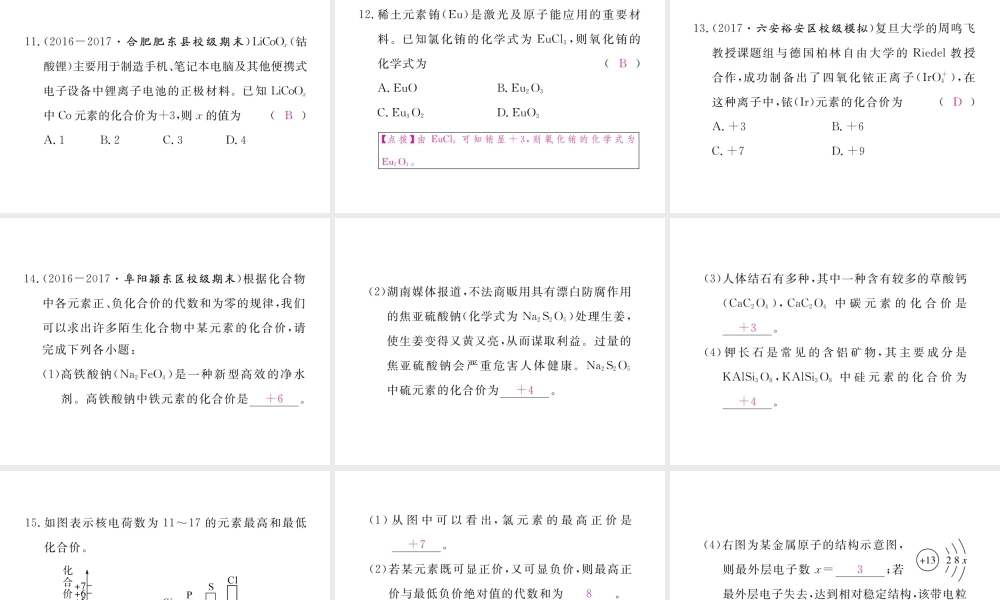 （安徽专用）秋九年级化学上册 4 自然界的水 4.4 第2课时 化合价练习课件 （新版）新人教版-（新版）新人教版初中九年级上册化学课件