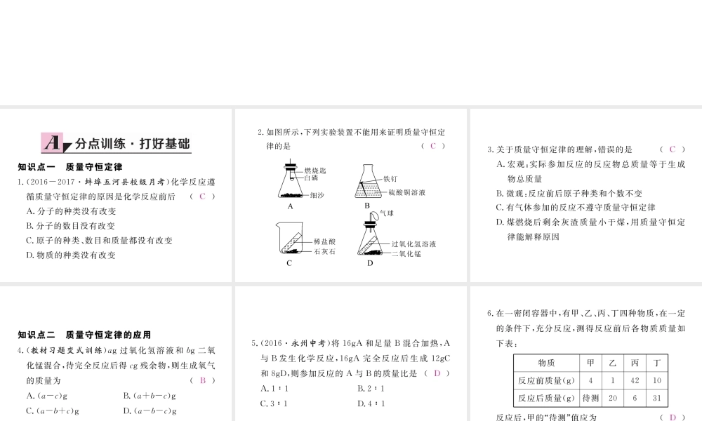 （安徽专用）秋九年级化学上册 5 化学方程式 5.1 第1课时 质量守恒定律练习课件 （新版）新人教版-（新版）新人教版初中九年级上册化学课件