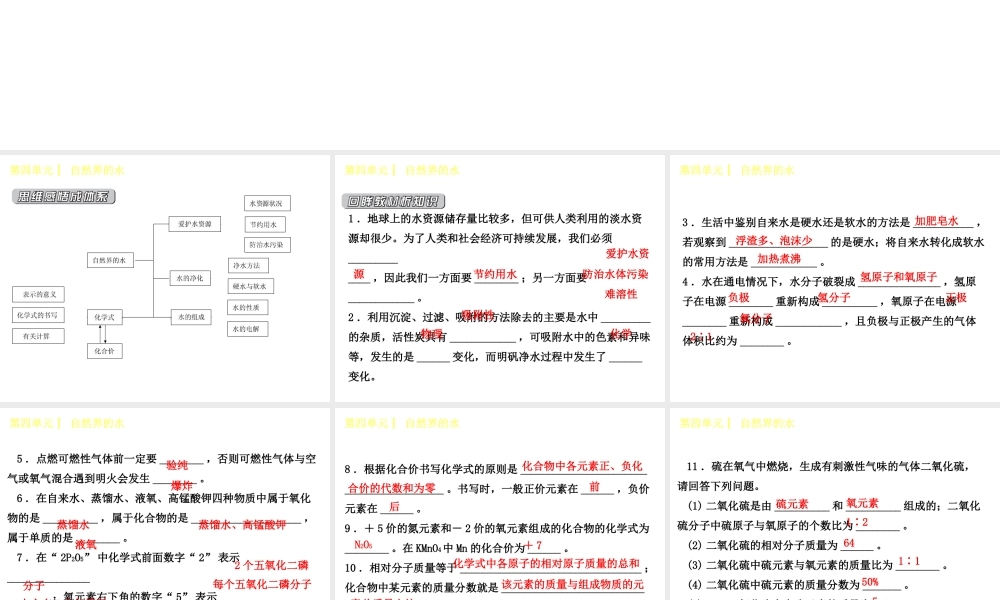 （小复习）2014-2015中考化学 九上 第四单元 自然界的水课件 （新版）新人教版