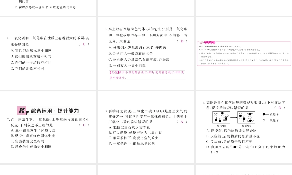 （安徽专用）秋九年级化学上册 6 碳和碳的氧化物 6.3 第2课时 一氧化碳练习课件 （新版）新人教版-（新版）新人教版初中九年级上册化学课件