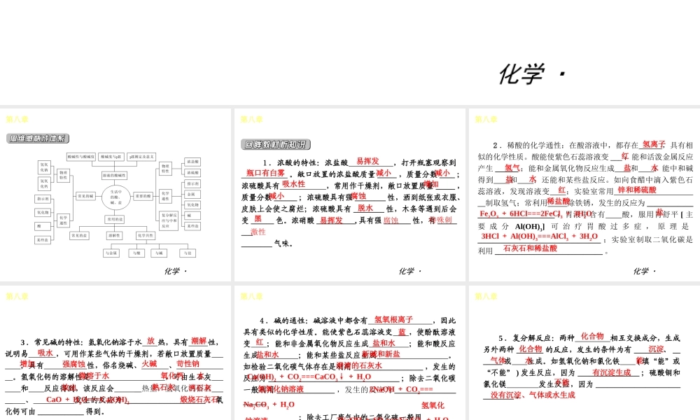 （小复习）2014届中考化学 第八章 常见的酸、碱、盐（知识框架+教材分析+典型精析+实战演练+针对训练）课件 粤教版