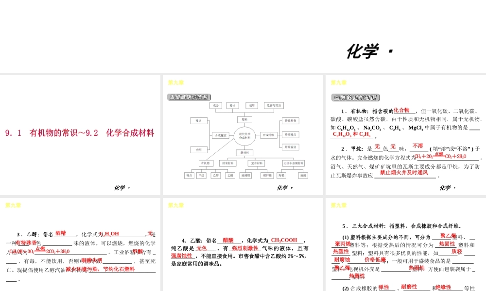 （小复习）2014届中考化学 第九章 现代生活与化学（知识框架+教材分析+典型精析+实战演练+针对训练）课件 粤教版