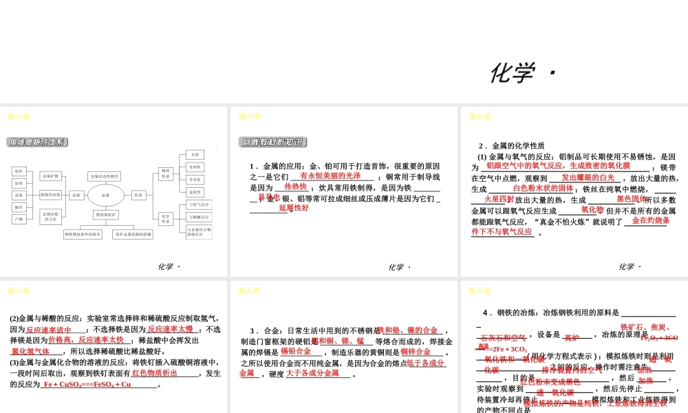 （小复习）2014届中考化学 第六章 金属（知识框架+教材分析+典型精析+实战演练+针对训练）课件 粤教版