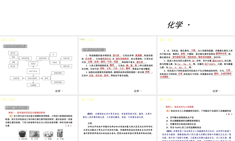 （小复习）2014届中考化学 第十二单元《化学与生活》（知识框架+教材分析+典型精析+实战演练+针对训练）课件 （新版）新人教版