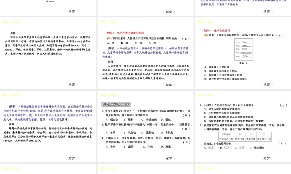（小复习）2014届中考化学 第十二单元《化学与生活》（知识框架+教材分析+典型精析+实战演练+针对训练）课件 （新版）新人教版