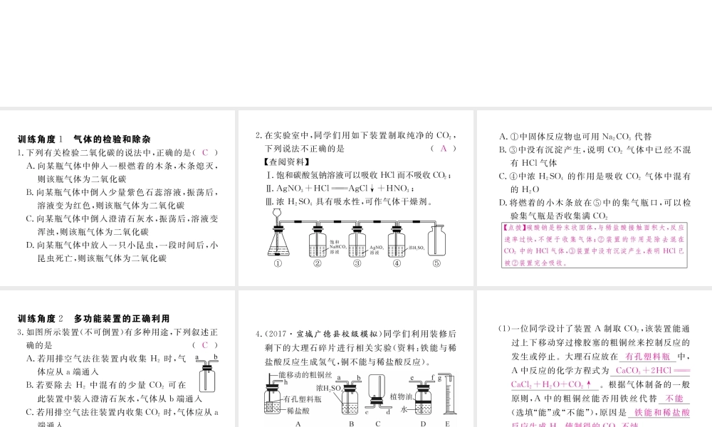 （安徽专用）秋九年级化学上册 专题训练（六）实验室中气体的检验和除杂课件 （新版）新人教版-（新版）新人教版初中九年级上册化学课件