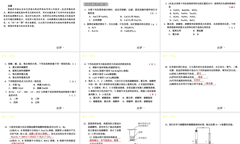 （小复习）2014届中考化学 第十一单元《 盐 化肥》（知识框架+教材分析+典型精析+实战演练+针对训练）课件 （新版）新人教版