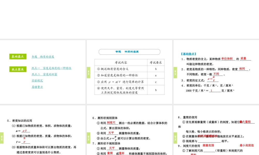 （小复习）浙江省2014年中考科学专题复习 第15课 物质密度课件