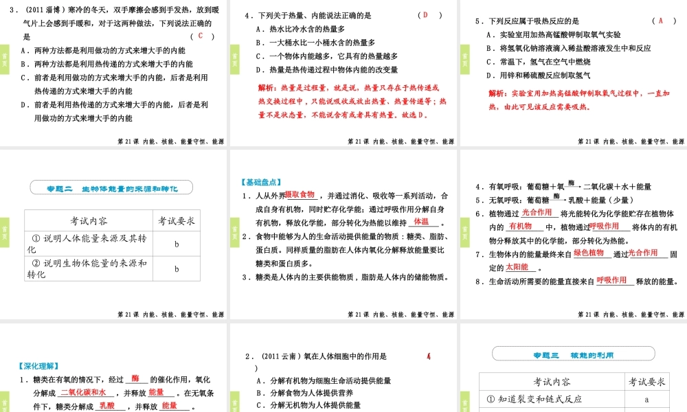 （小复习）浙江省2014年中考科学专题复习 第21课 内能、核能、能量守恒、能源课件