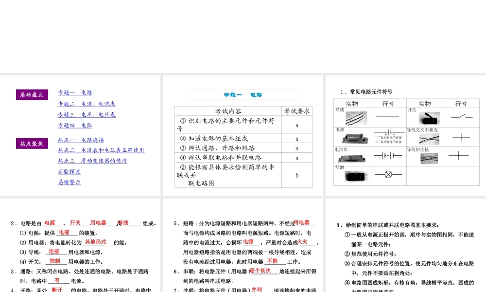 （小复习）浙江省2014年中考科学专题复习 第22课 电路和电流、电压、电阻课件