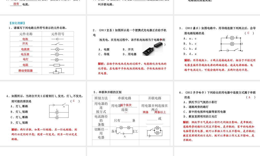 （小复习）浙江省2014年中考科学专题复习 第22课 电路和电流、电压、电阻课件