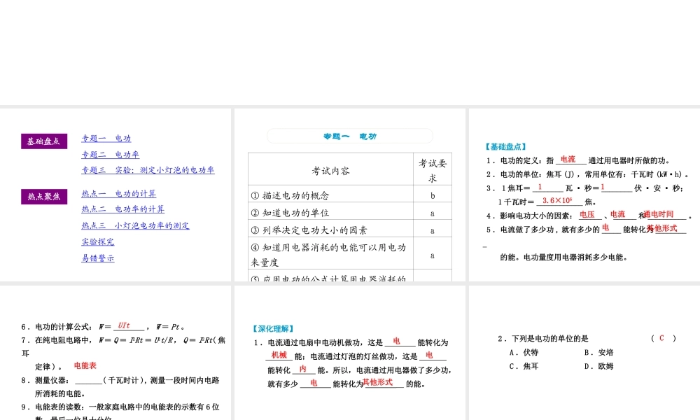 （小复习）浙江省2014年中考科学专题复习 第25课 电功和电功率课件