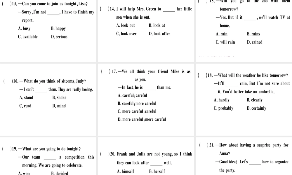 （安徽专版）秋八年级英语上册 专项二 单项选择课件 （新版）人教新目标版-（新版）人教新目标版初中八年级上册英语课件