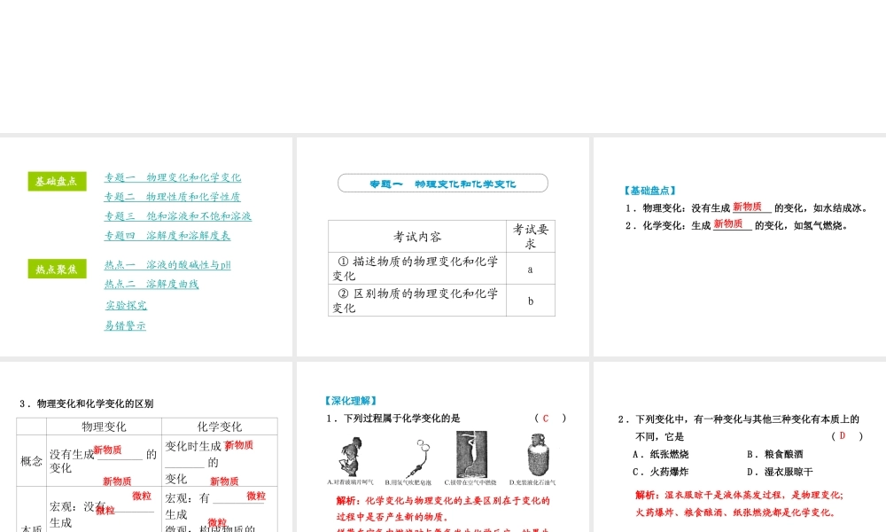 （小复习）浙江省2014年中考科学专题复习 第30课 物质的变化与性质课件
