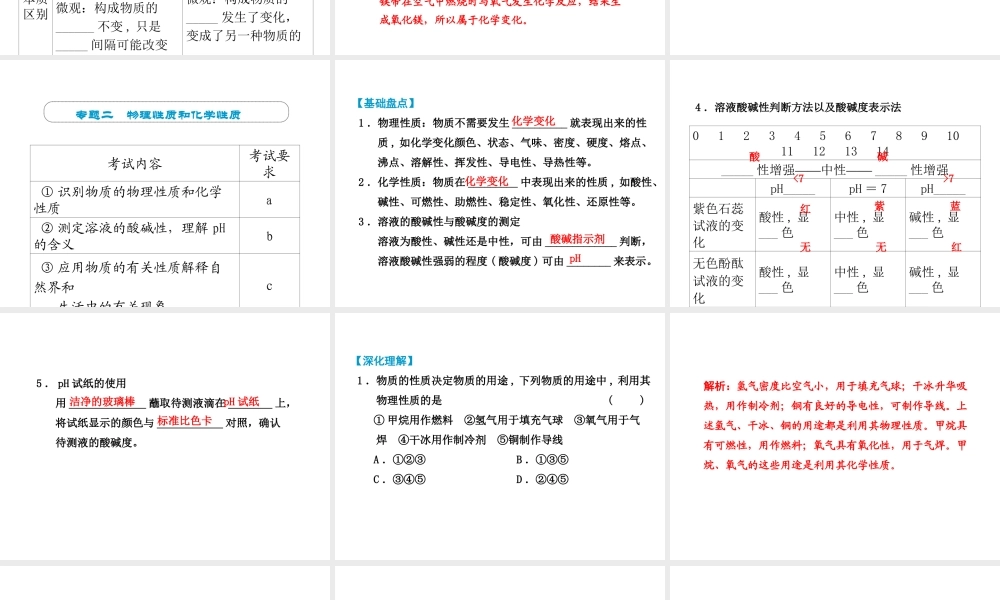 （小复习）浙江省2014年中考科学专题复习 第30课 物质的变化与性质课件