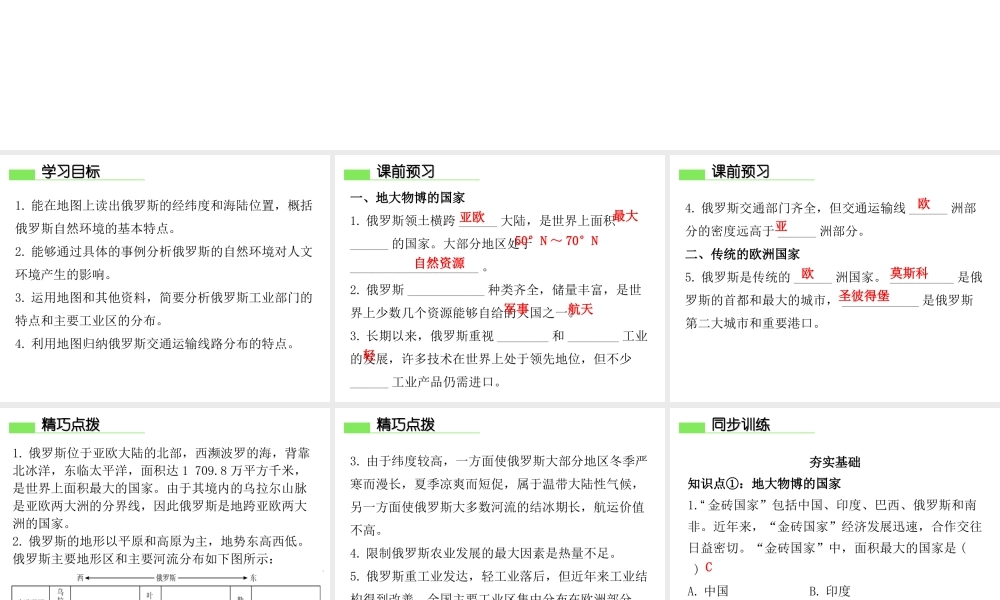 （广东专版）七年级地理下册 第八章 第三节 俄罗斯习题课件 （新版）粤教版-（新版）粤教版初中七年级下册地理课件