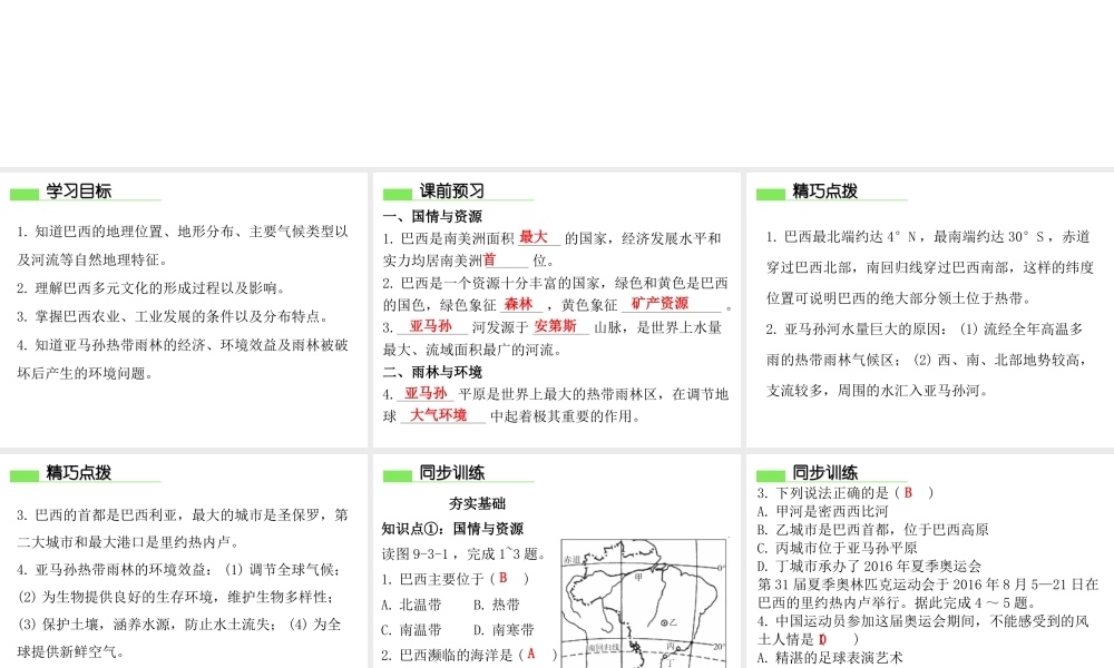 （广东专版）七年级地理下册 第九章 第三节 巴西习题课件 （新版）粤教版-（新版）粤教版初中七年级下册地理课件