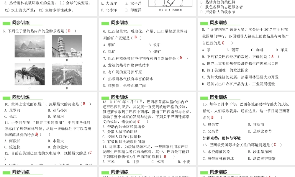 （广东专版）七年级地理下册 第九章 第三节 巴西习题课件 （新版）粤教版-（新版）粤教版初中七年级下册地理课件