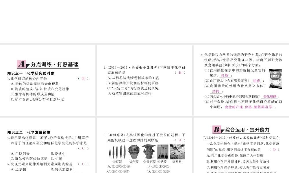 （安徽专用）秋九年级化学上册 绪言 化学使世界变得更加绚丽多彩练习课件 （新版）新人教版-（新版）新人教版初中九年级上册化学课件