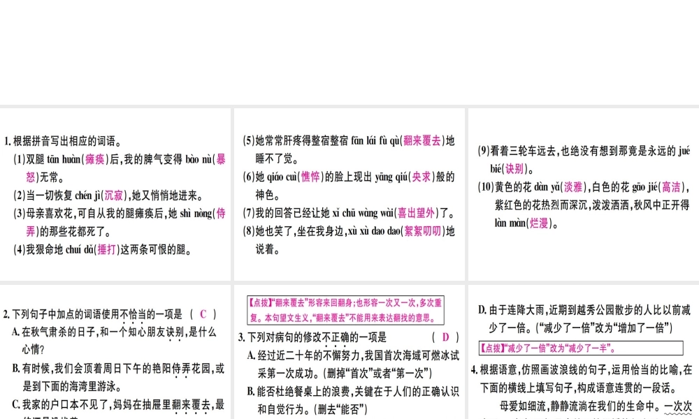（广东专版）七年级语文上册 第二单元 5 秋天的怀念习题讲评课件 新人教版-新人教版初中七年级上册语文课件