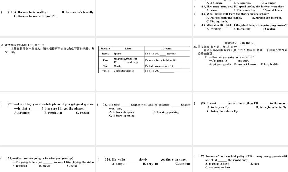 （山西专版）秋八年级英语上册 Unit 6 I’m going to study computer science单元检测卷课件（新版）人教新目标版-（新版）人教新目标版初中八年级上册英语课件