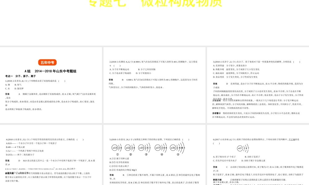 （山东专版）中考化学复习 专题七 微粒构成物质（试卷部分）课件-人教版初中九年级全册化学课件