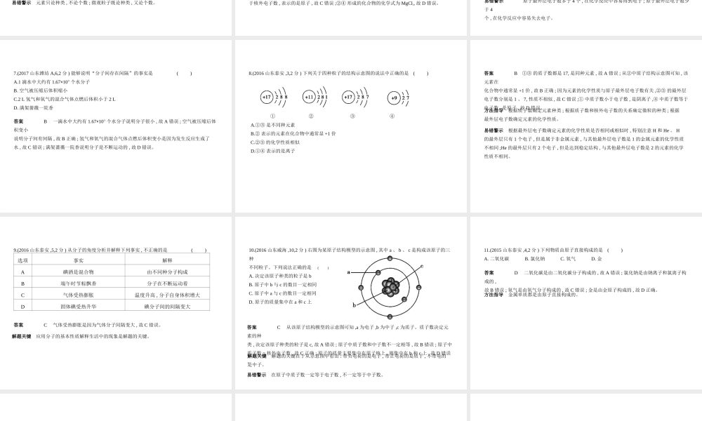 （山东专版）中考化学复习 专题七 微粒构成物质（试卷部分）课件-人教版初中九年级全册化学课件