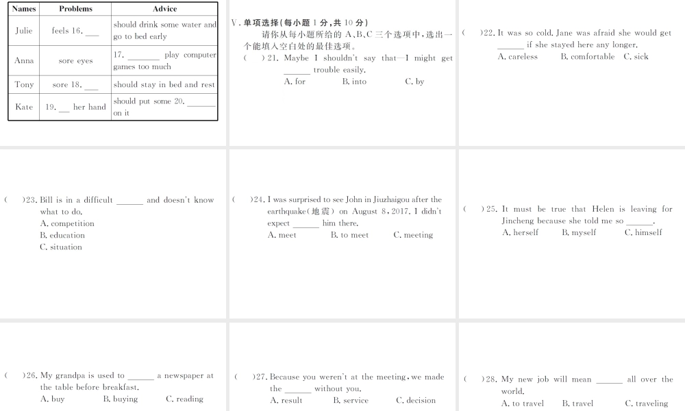 （山西专版）春八年级英语下册 Unit 1 What's the matter检测卷课件 （新版）人教新目标版-（新版）人教新目标版初中八年级下册英语课件