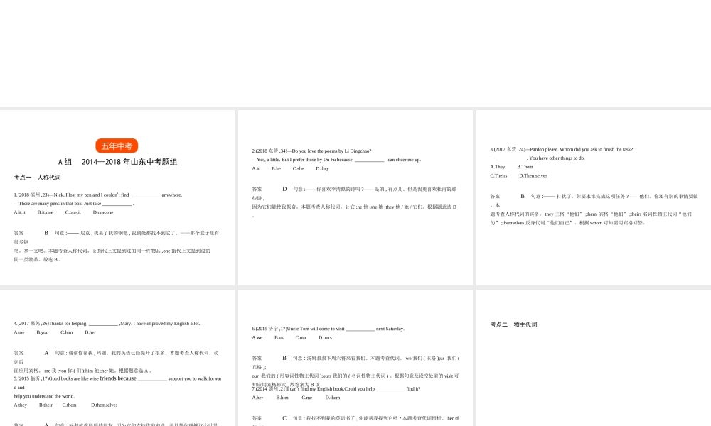 （山东专用）中考英语复习 专题二 代词（试卷部分）（含18年中考真题精解精析）课件-人教版初中九年级全册英语课件