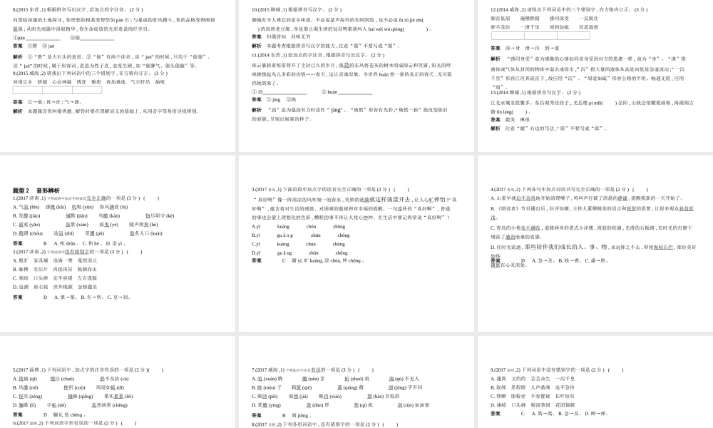（山东专用）中考语文总复习 第一部分 基础知识积累与运用 专题一 识字与写字（试题部分）课件-人教版初中九年级全册语文课件