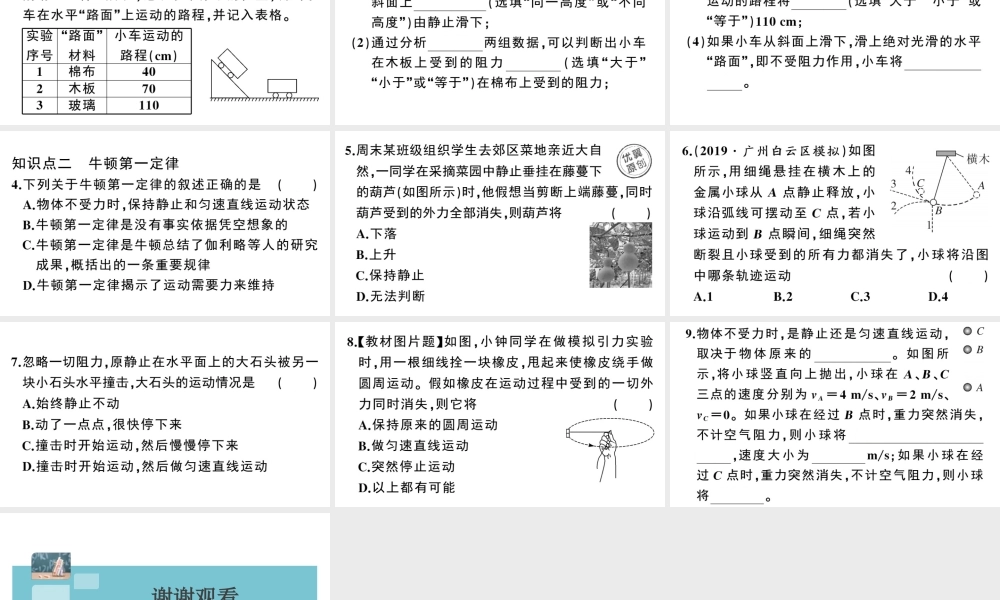 （广东专版）春八年级物理下册 第八章 运动和力 第1节 牛顿第一定律 第1课时 牛顿第一定律同步练习课件 （新版）新人教版-（新版）新人教版初中八年级下册物理课件