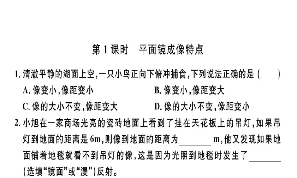 （广东专用）八年级物理上册 第四章 第3节 第1课时 平面镜成像特点8分钟小练习课件 （新版）新人教版-（新版）新人教版初中八年级上册物理课件