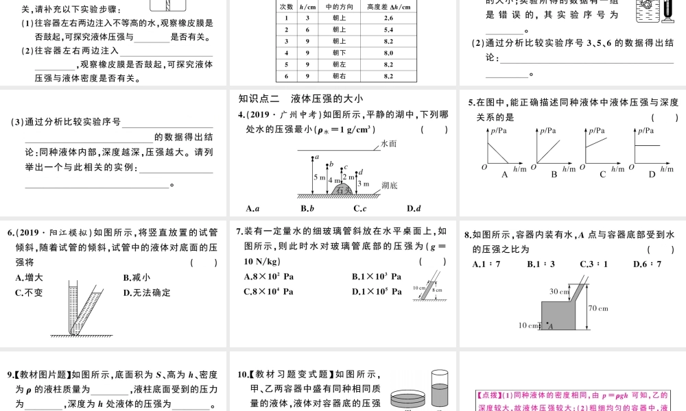 （广东专版）春八年级物理下册 第九章 压强 第2节 液体的压强 第1课时 液体压强的特点与计算同步练习课件 （新版）新人教版-（新版）新人教版初中八年级下册物理课件
