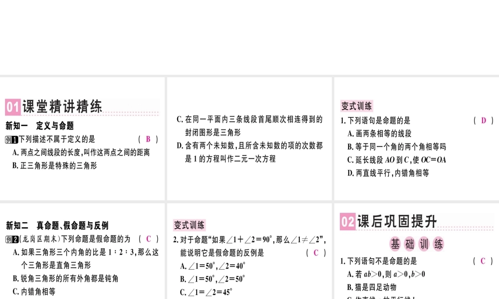 （广东专版）秋八年级数学上册 第七章《平行线的证明》7.2 定义与命题（1）习题讲评课件 （新版）北师大版-（新版）北师大版初中八年级上册数学课件