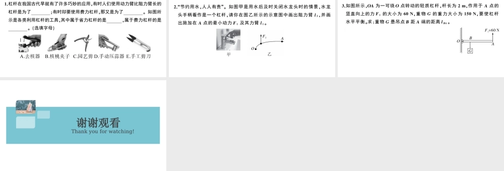 （广东专版）春八年级物理下册 第十二章 简单机械 第1节 杠杆 第2课时 杠杆的分类与应用（8分钟小练习）习题课件 （新版）新人教版-（新版）新人教版初中八年级下册物理课件