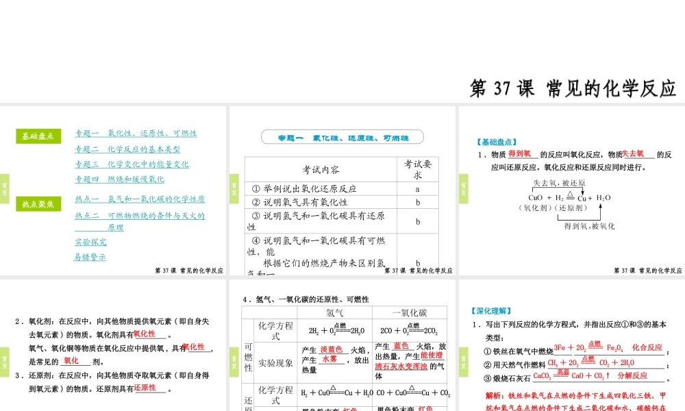 （小复习）浙江省2014年中考科学专题复习 第37课 常见的化学反应课件