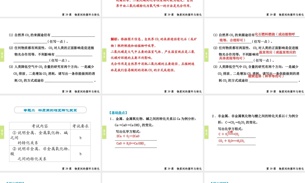 （小复习）浙江省2014年中考科学专题复习 第39课 物质间的循环与转化课件